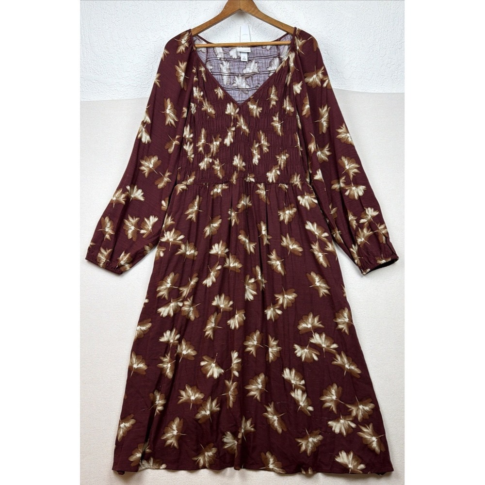 AVA‎ & VIV Women's Smocked Peasant Boho Floral Burgundy Dress Size 1X Midi Rayon